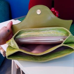 Lime green and gold leather clutch